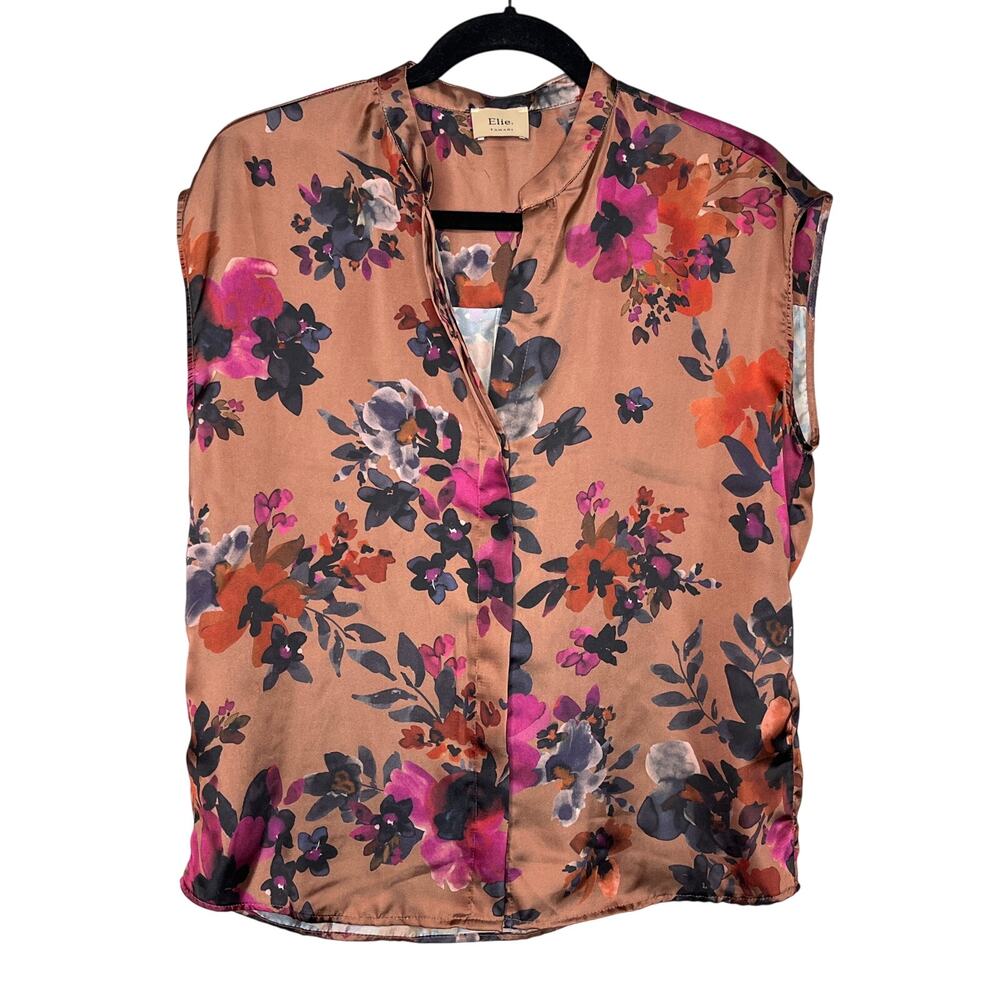 Elie Tahari Small‎ Pink Floral Hidden Button Front Cap Sleeve Shirt Satin